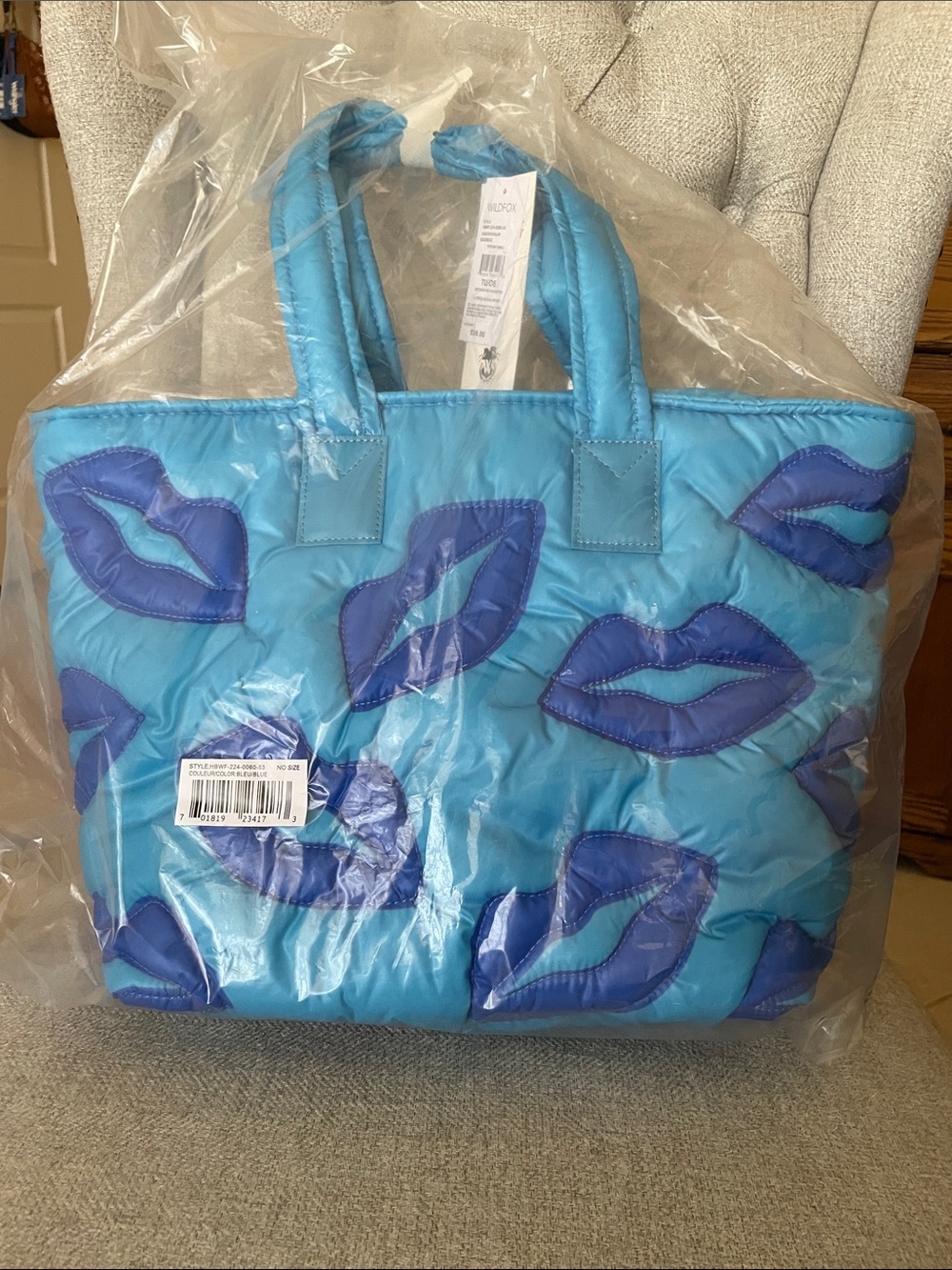 Wild Fox Blue Quilted Lips Tote Bag with